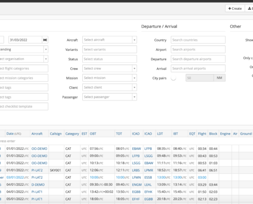 List view of flights in Skylegs flight operations management platform