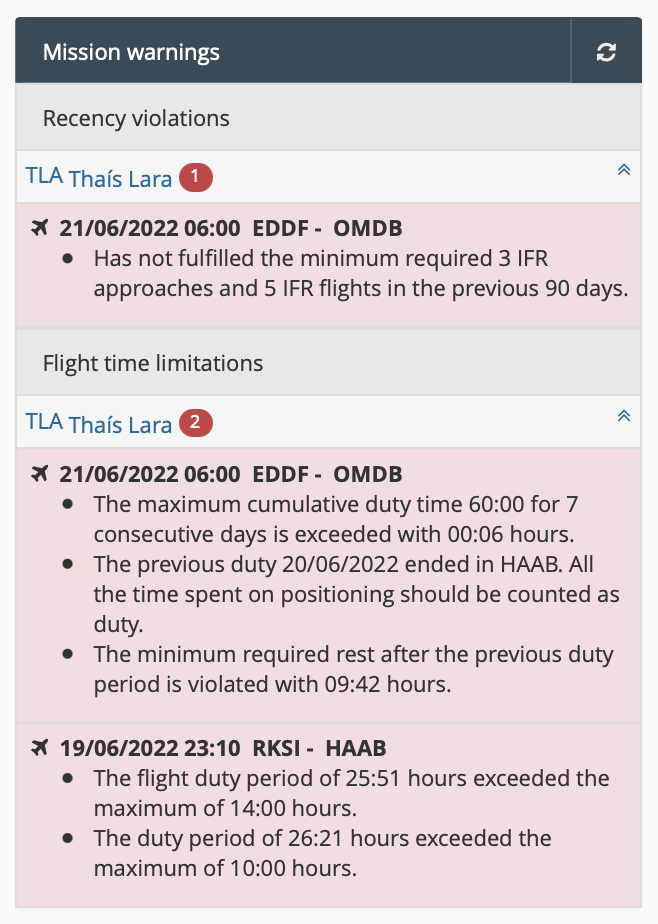 Flight Time Limitations platform warning after adding crew to a flight