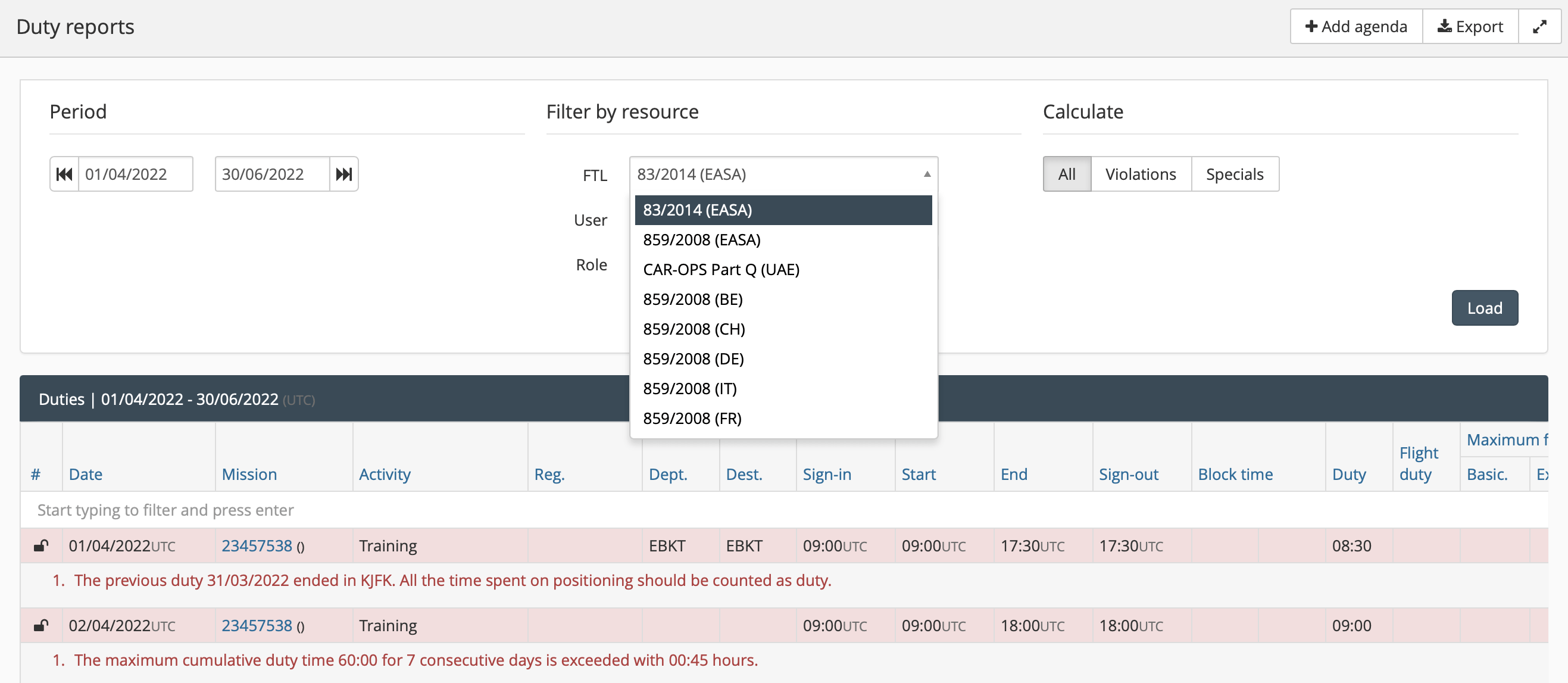 Export several duty reports in PDF or XLS, applying any regulation